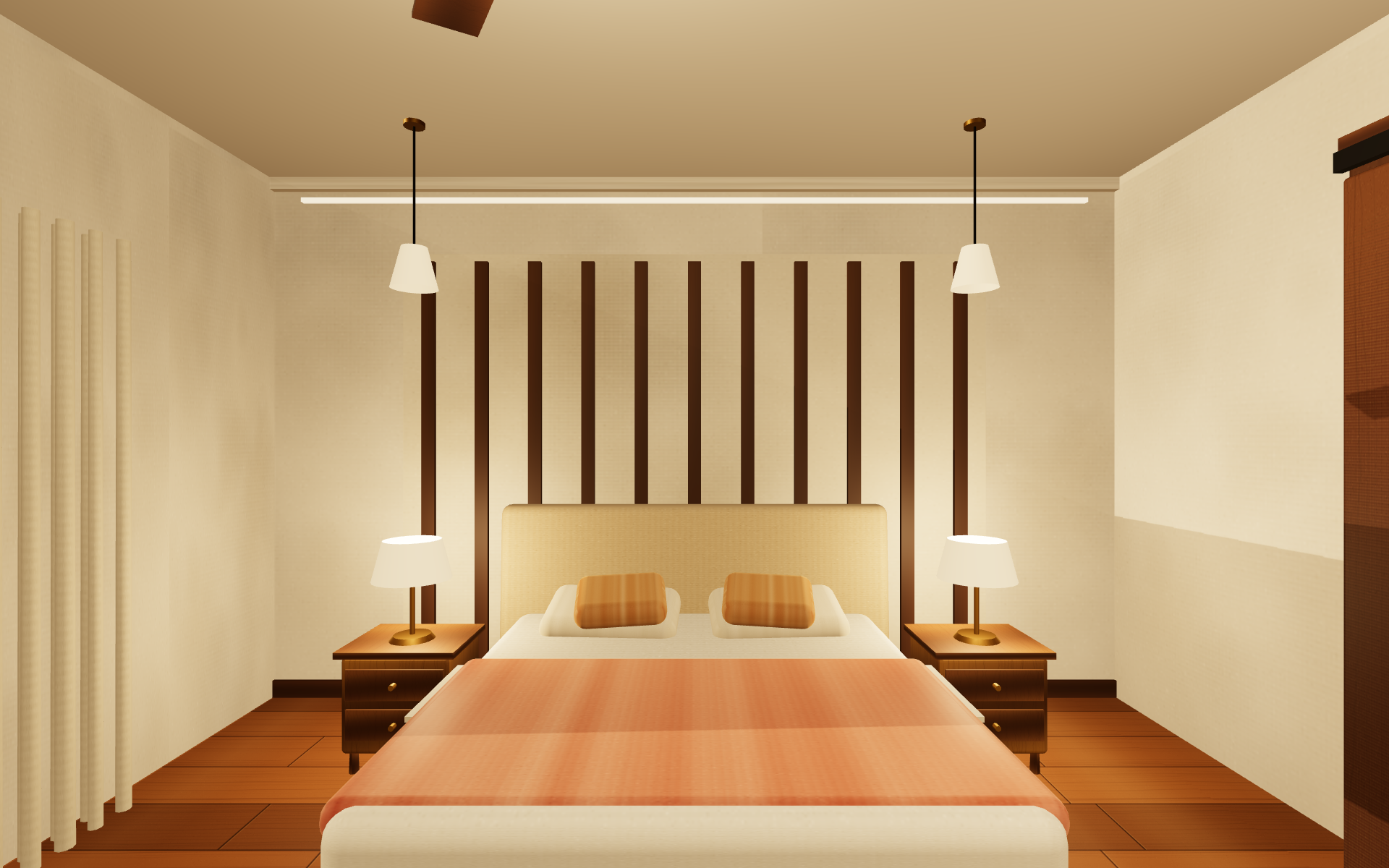 King storage bed with upholstered headboard and brass bedside tables