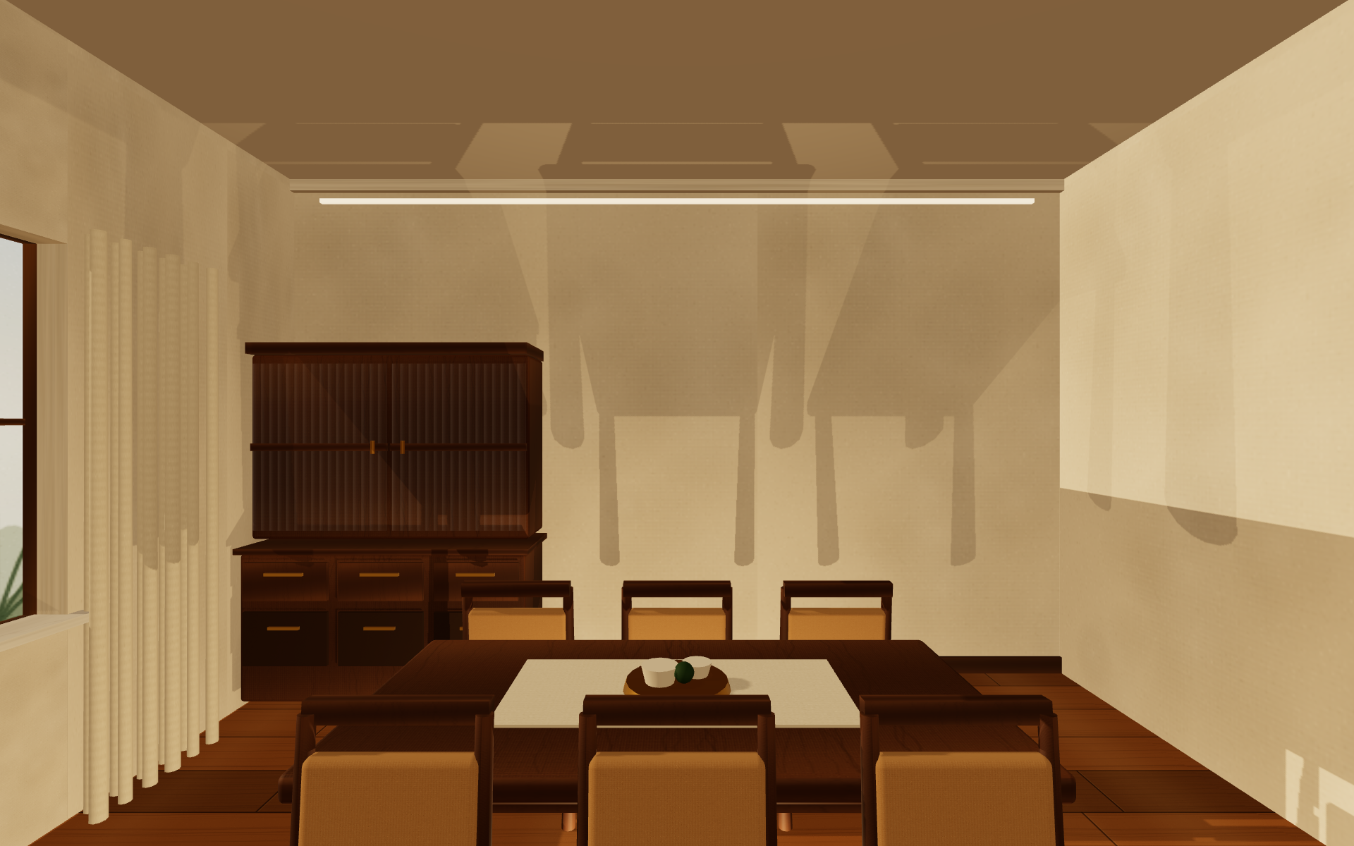 Sappadu dining table with six chairs and brass pendant light