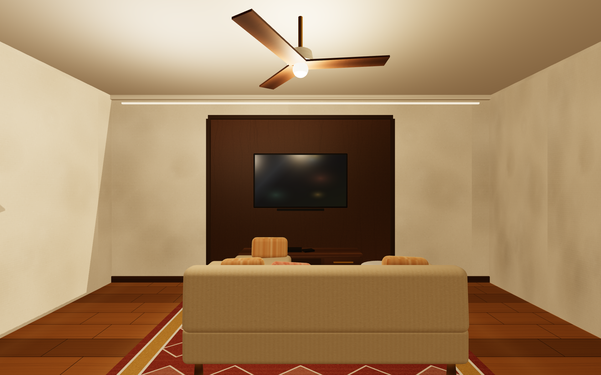 Family living room with L-shape sofa and walnut television console