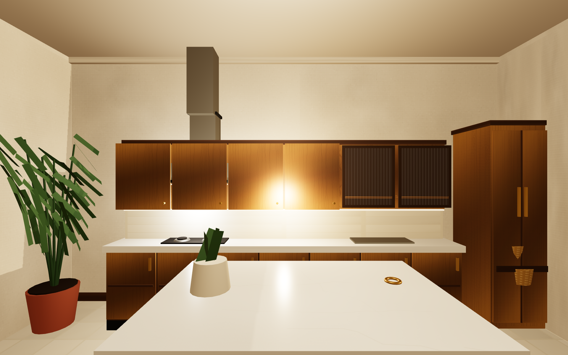 Warm walnut modular kitchen with quartz countertop and integrated chimney