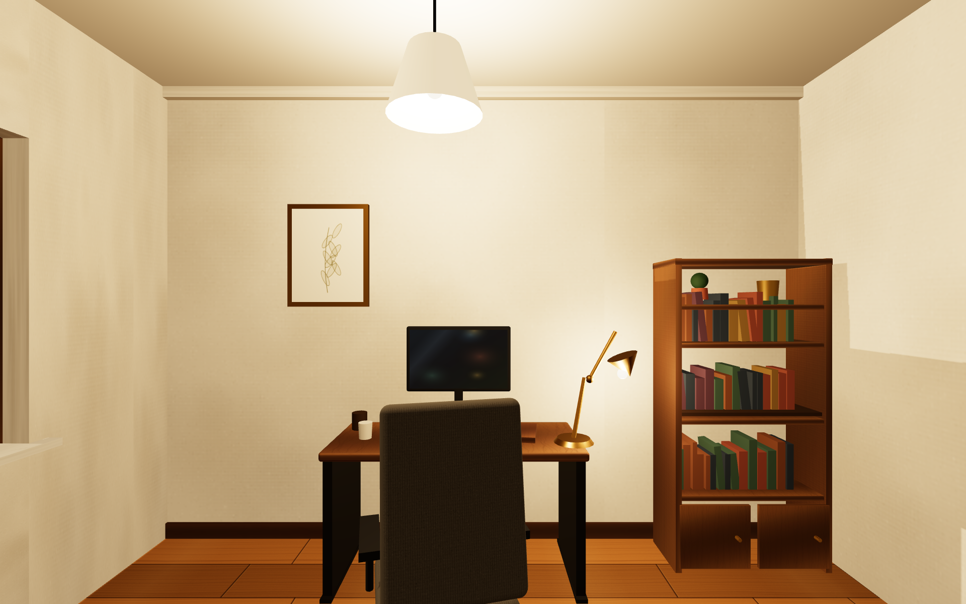 Home office with teak computer table, brass lamp and bookshelf wall